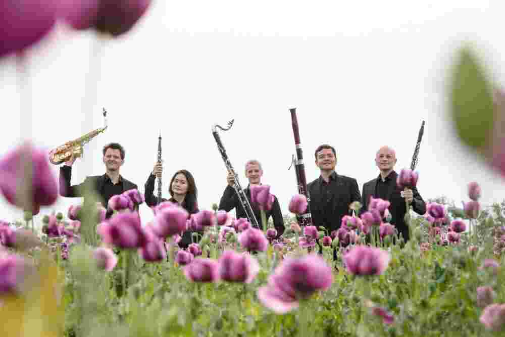 Fünf Musiker*innen heben ihre Blasinstrumente hoch und stehen in einem Blumenfeld.